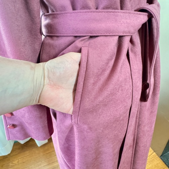 Vintage 80s mauve pink fall coat, faux suede, assorted tie belt, Niccolini, 8/10 - Picture 6 of 14